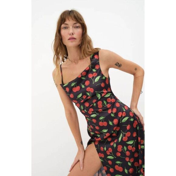 For Love & Lemons Dresses & Skirts - For Love & Lemons Xena Cherry Print Asymetrical Slit Midi Dress